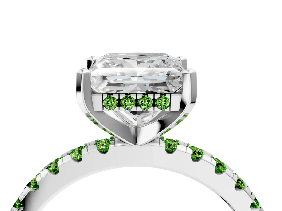 Princess Cut Diamond Solitaire Ring with Round Peridot Pavé Band and Four-Prong Setting Silver