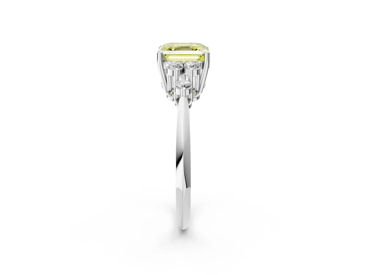 Fancy Yellow Asscher Cut Cut Diamond Cluster Ring with Solitaire Band and Four-Prong Setting Platinum