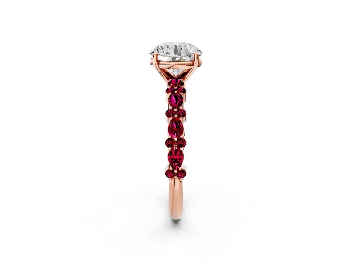 Round Cut Diamond Side Stone Solitaire Ring with Round Garnet and Four-Prong Setting Rose gold