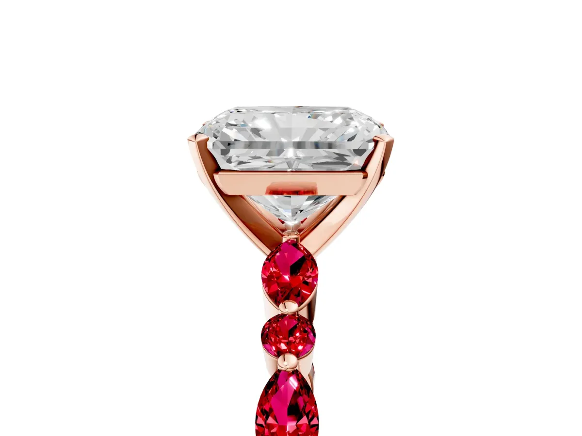 Radiant Cut Diamond Ring with Marquise and Round Ruby Side Stones and Four-Prong Setting Rose gold