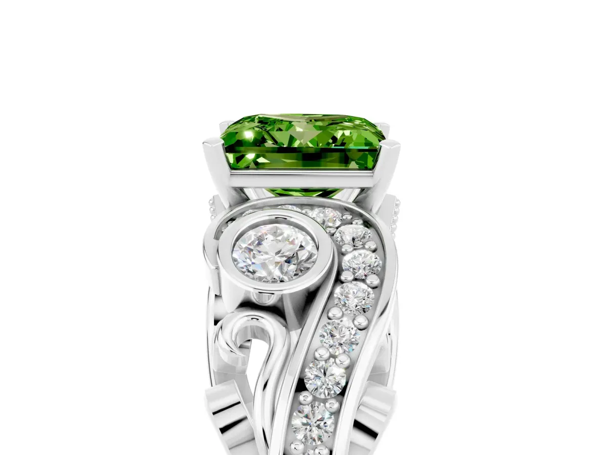 Princess Cut Peridot Solitaire Ring with Milgrain Pavé Band and Four-Prong Setting Silver
