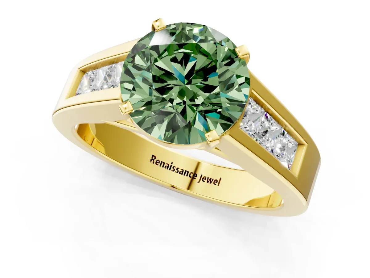 Fancy Green Round Cut Cut Channel Set Solitaire Ring with Four-Prong Setting Yellow gold