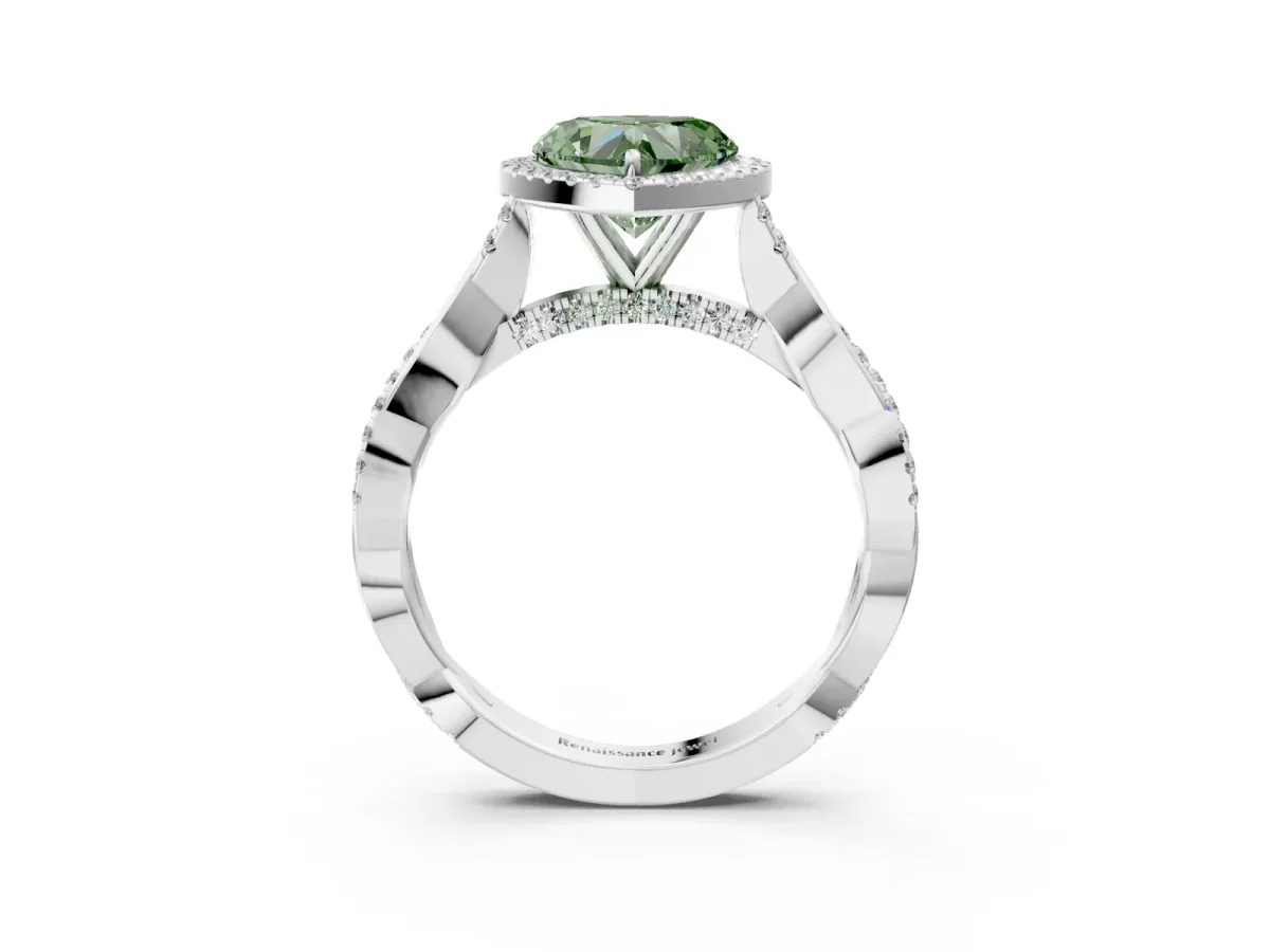 Fancy Green Heart Cut Halo Twist Band Solitaire Ring Platinum