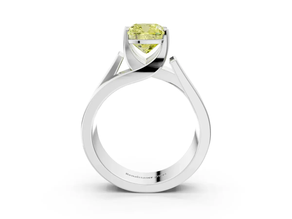 Fancy Yellow Modern Tension Set Cushion Cut Diamond Solitaire Wide Band Ring Silver