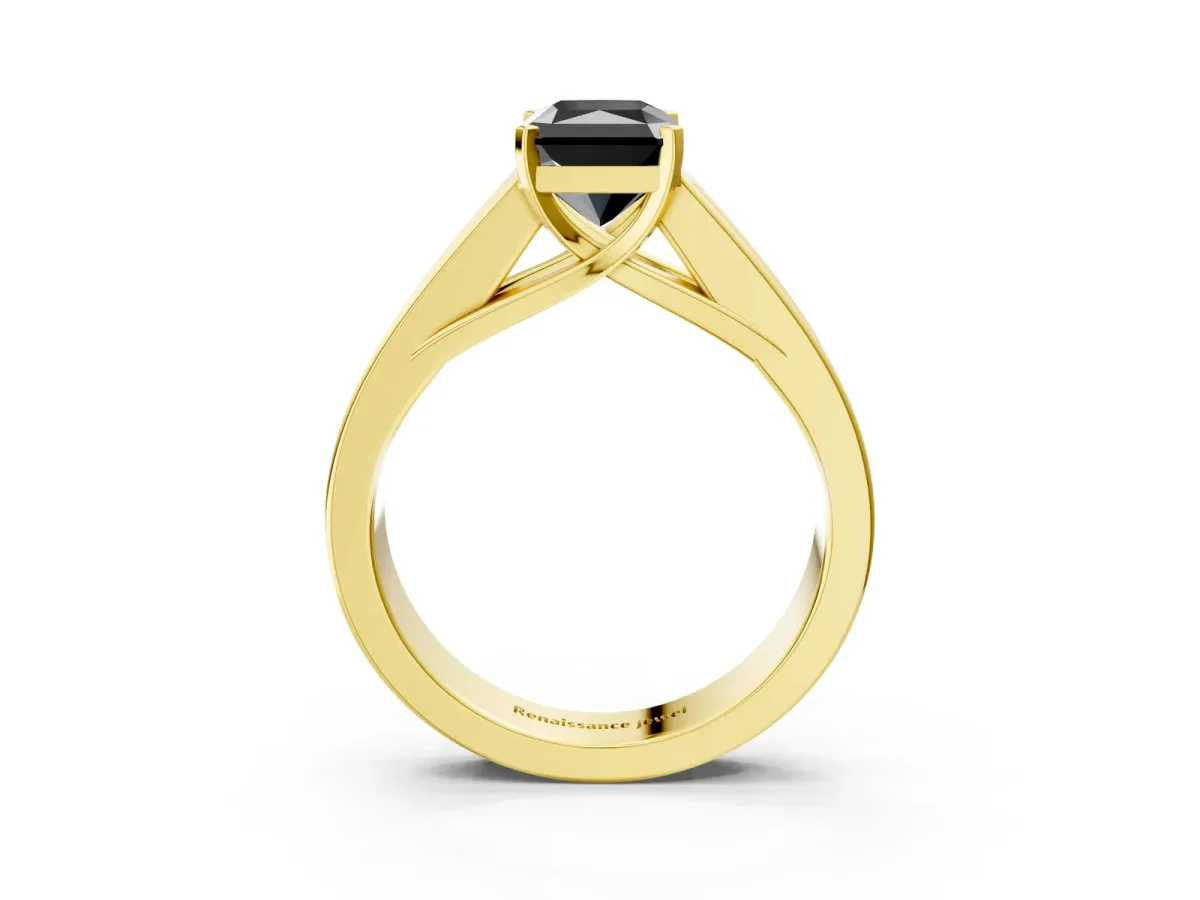 Fancy Black Radiant Cut Cut Channel Set Solitaire Ring with Four-Prong Setting Yellow gold