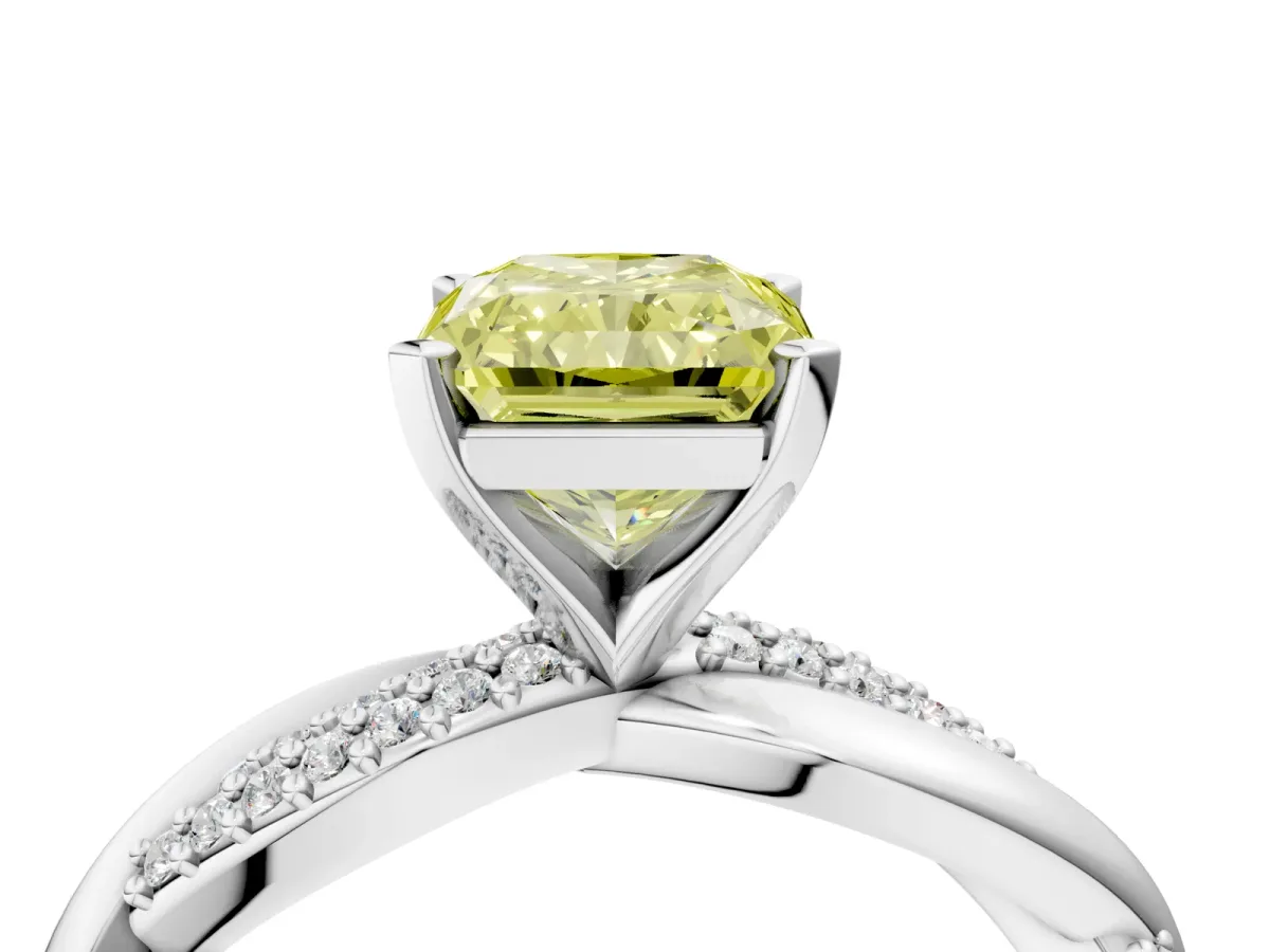 Fancy Yellow Radiant Cut Solitaire Twist Band with Pave Prong Setting Platinum