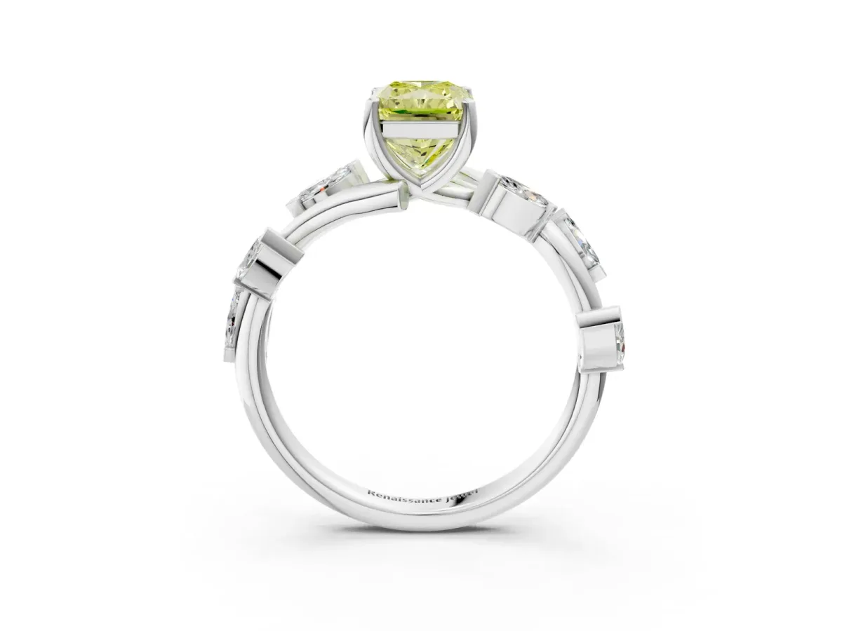 Fancy Yellow Radiant Cut Solitaire Twisted Band Marquise Accent Prong Setting Ring Platinum