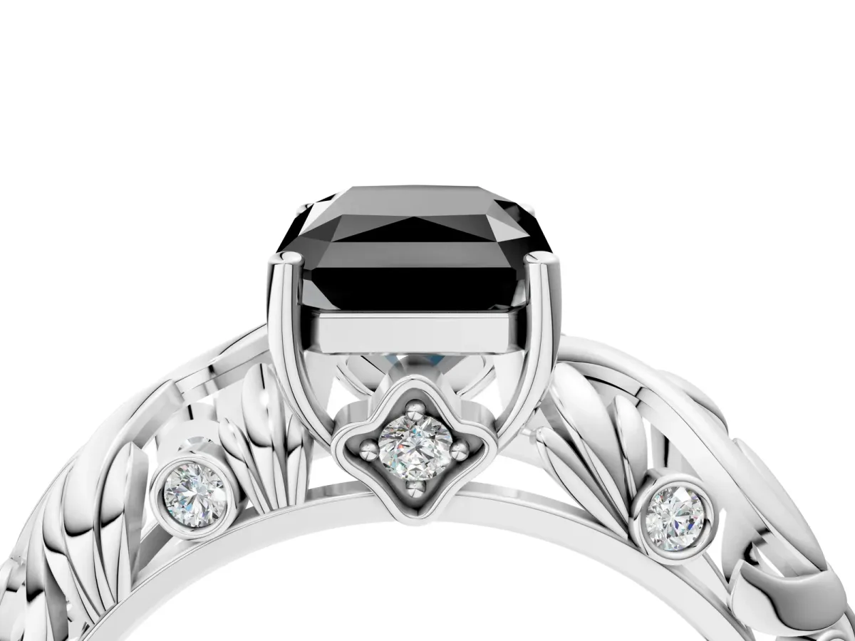 Fancy Black Radiant Cut Solitaire Diamond Leaf-Inspired Vine Band Ring with Prong Setting Platinum