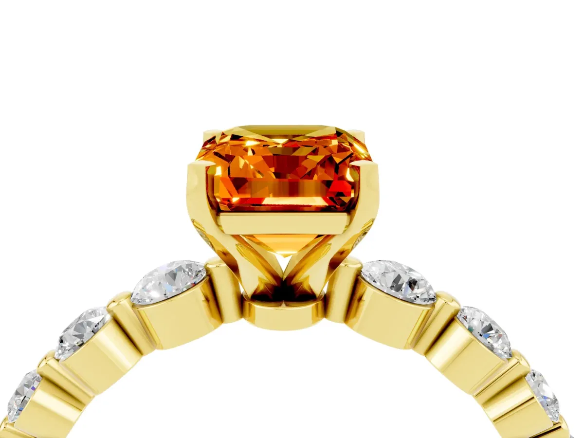 Emerald Cut Solitaire Citrine Ring with Pave Band and Four-Prong Setting Yellow gold