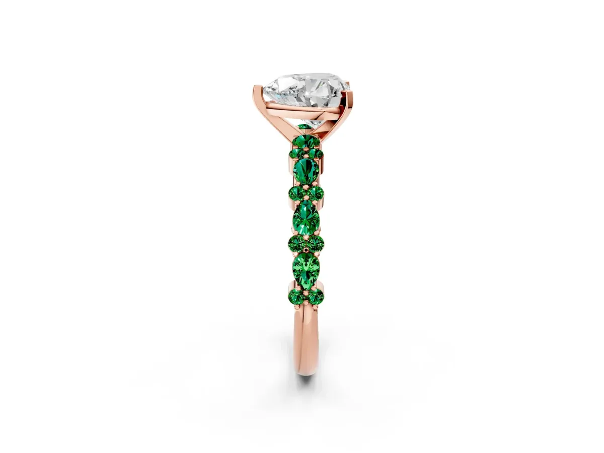 Heart Cut Diamond Side Stone Solitaire Ring with Round Emerald and Four-Prong Setting Rose gold