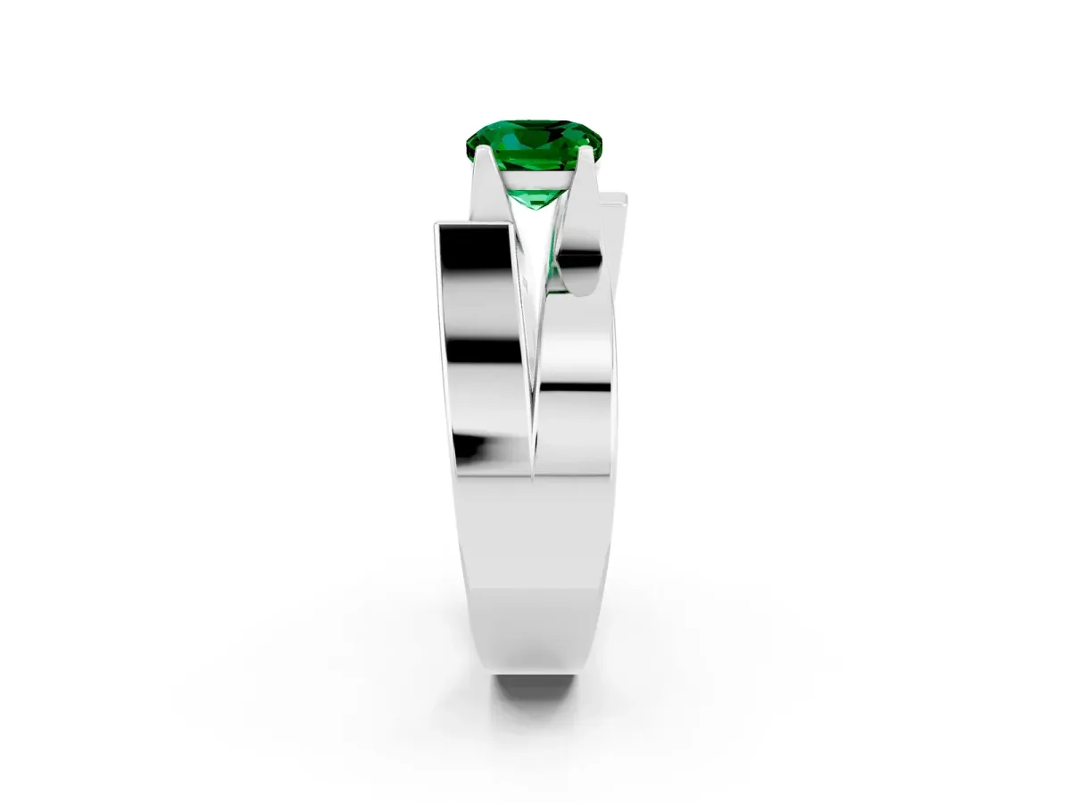 Modern Tension Set Cushion Cut Emerald Solitaire Wide Band Ring Silver