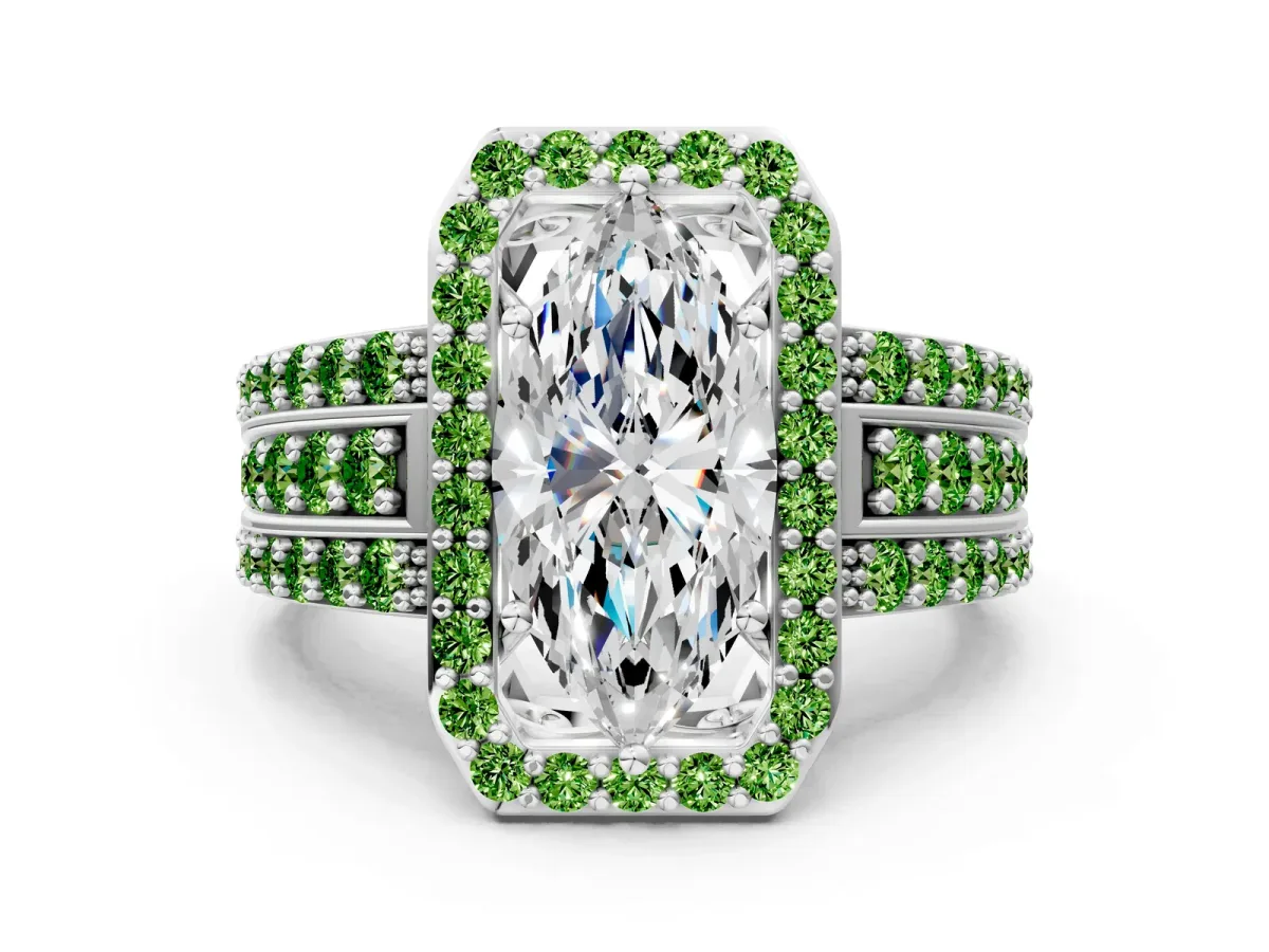Marquise Cut Halo Diamond Ring with Round Peridot Split Shank and Prong Setting Silver