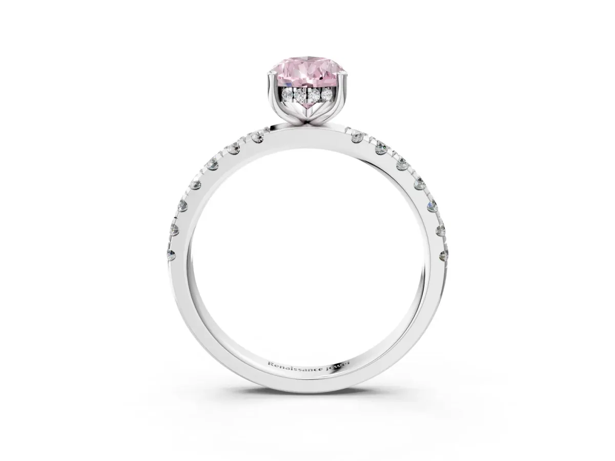 Fancy Pink Pear Cut Diamond Pave Band Solitaire Ring with Round and Prong Setting White gold