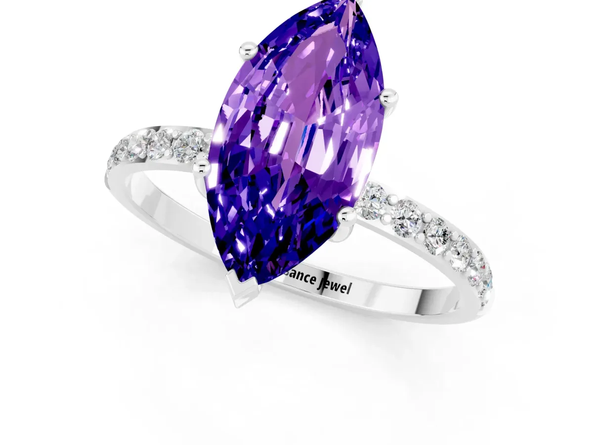 Marquise Cut Tanzanite Solitaire Ring with Round Pavé Band and Prong Setting Silver