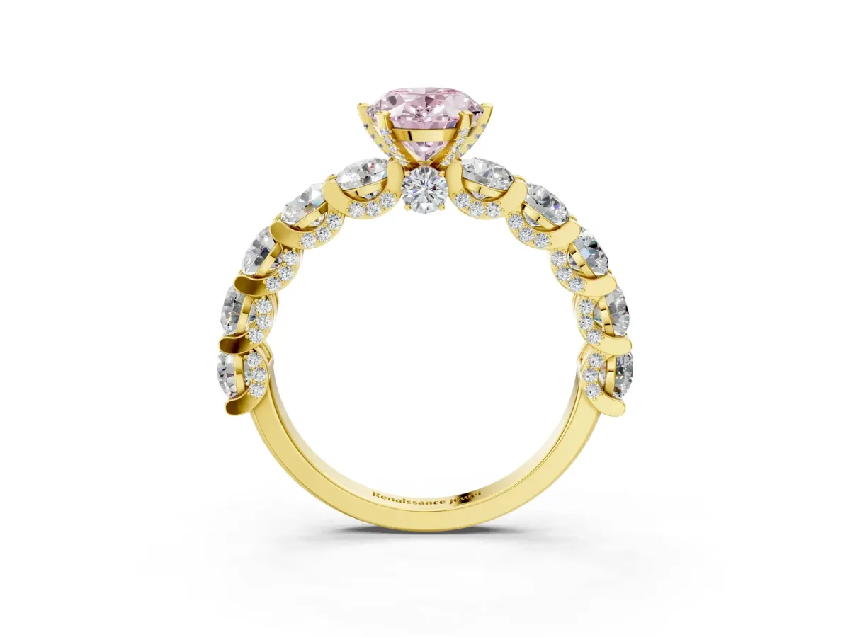 Fancy Pink Oval Cut Diamond Side Stone Engagement Ring with Four-Prong Setting Yellow gold