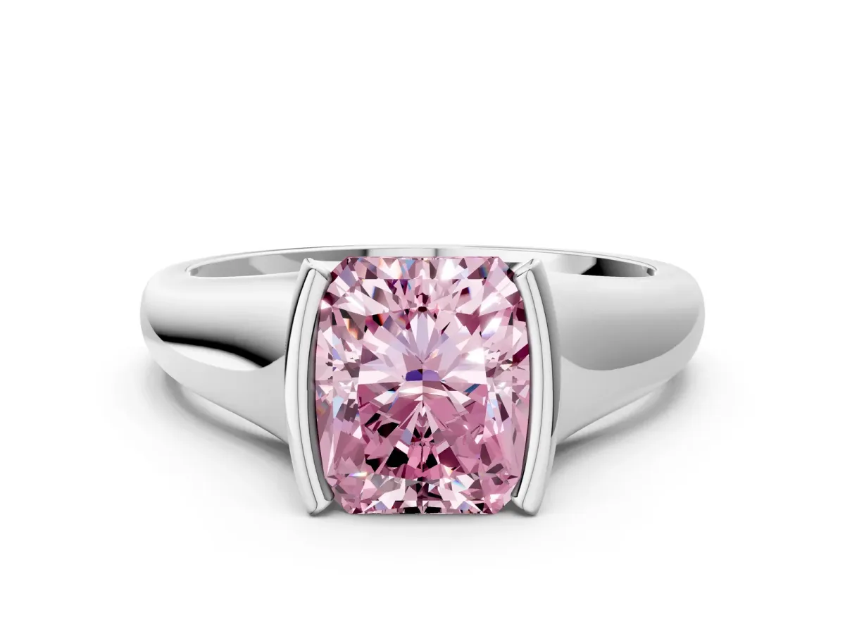Fancy Pink Radiant Cut Solitaire Tension Set Diamond Ring with Split Shank Band Platinum