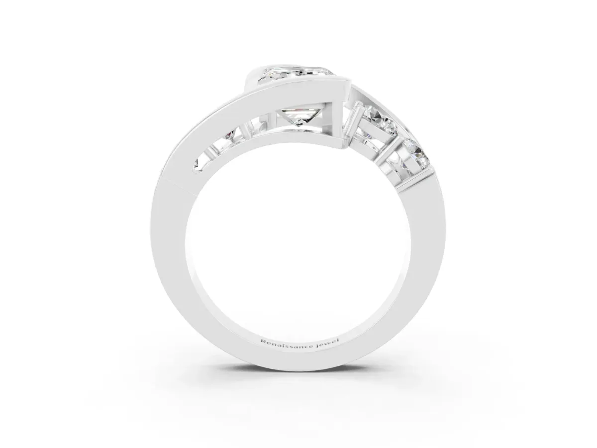 Bezel Set Emerald Cut Moissanite Bypass Ring with Round Accents Silver