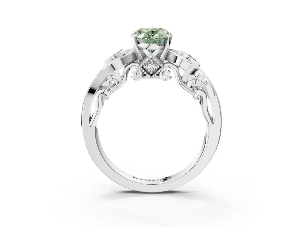 Fancy Green Oval Cut Diamond Solitaire Ring with Milgrain Pavé Band and Four-Prong Setting Silver