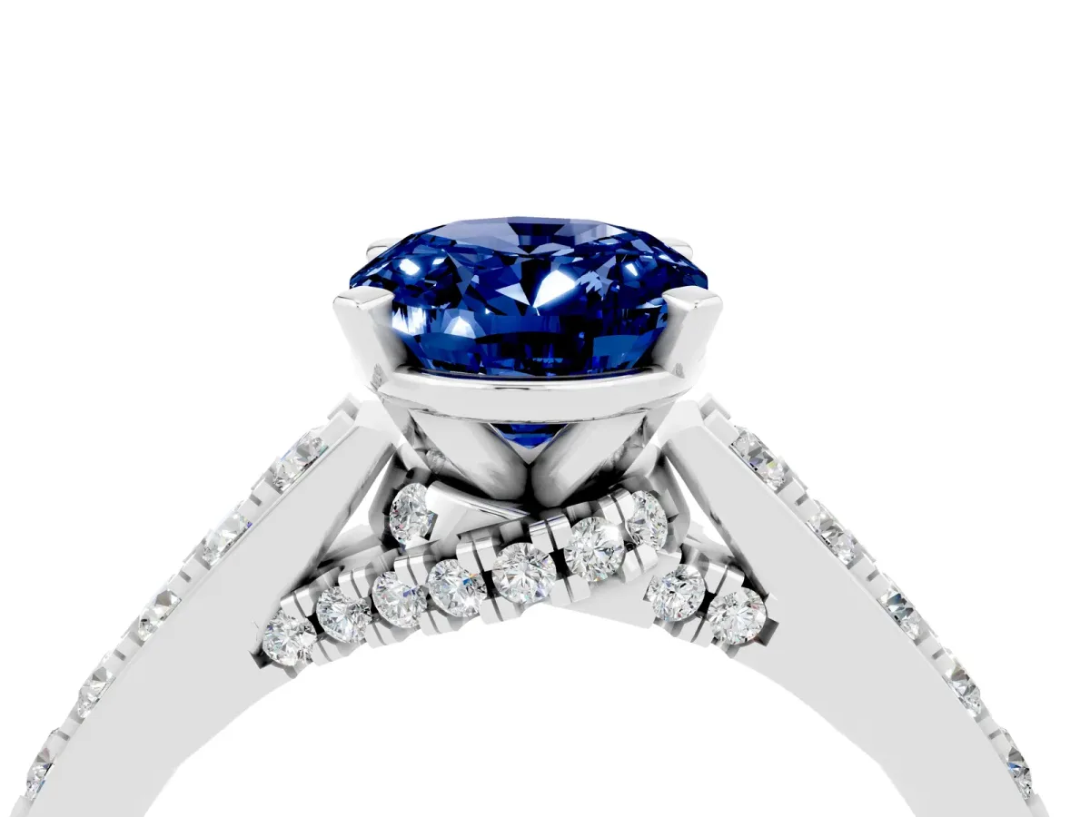 Oval Cut Blue Sapphire Solitaire Ring with Crossover Gallery and Round Pavé Band Silver