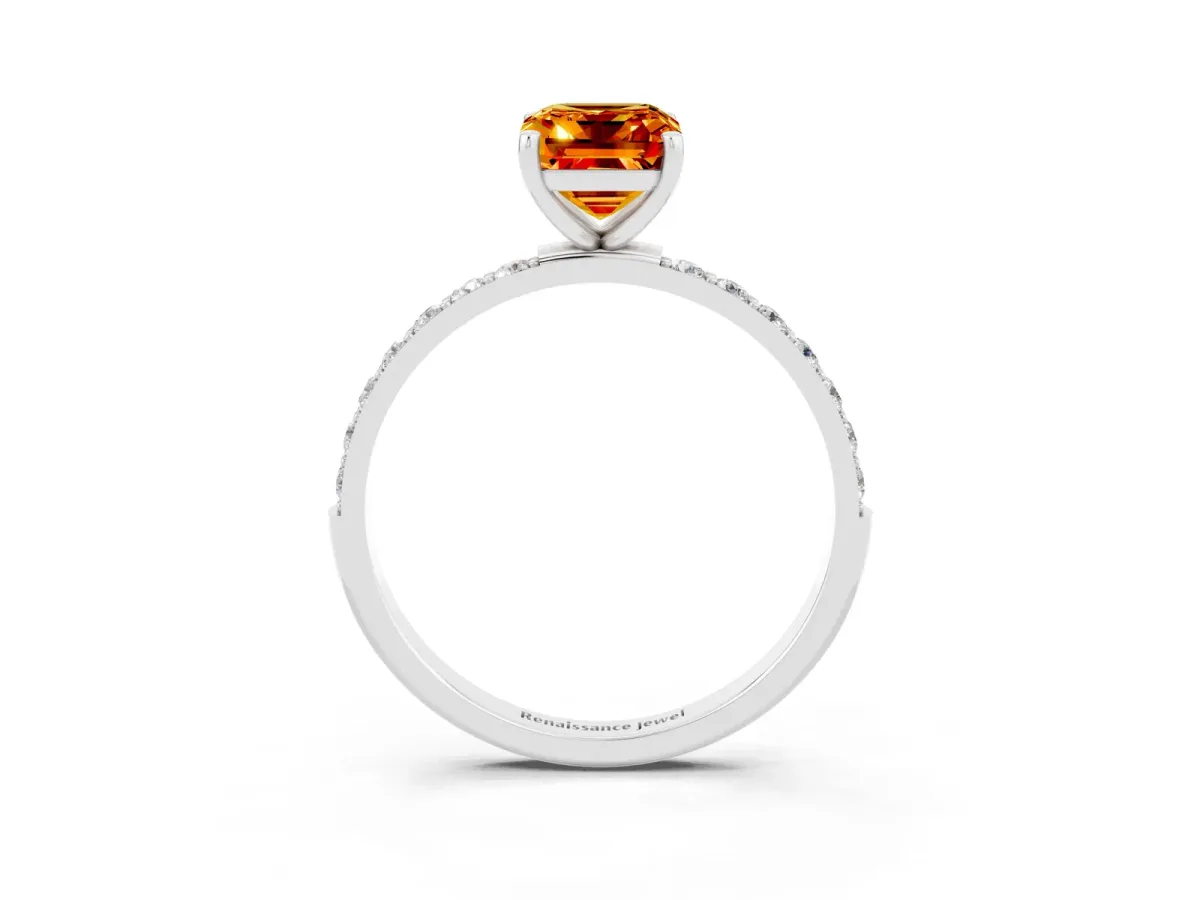 Emerald Cut Citrine Solitaire Ring with Round Pavé Band and Prong Setting Platinum