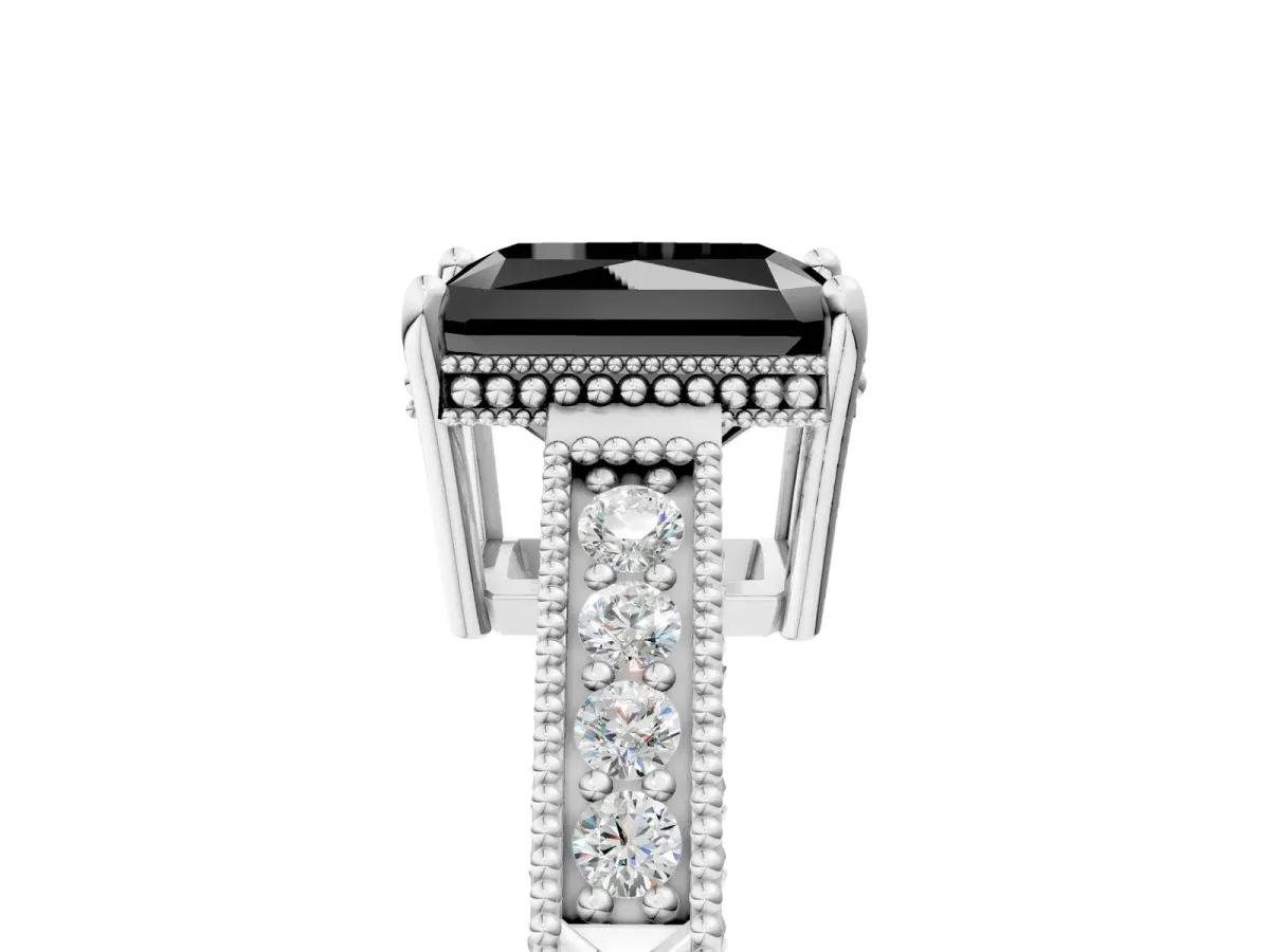 Fancy Black Radiant Cut Cut Diamond Milgrain Pave Band Four-Prong Setting Ring Platinum