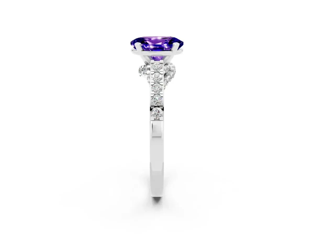 Oval Cut Tanzanite Solitaire Ring with Crossover Gallery and Round Pavé Band Silver