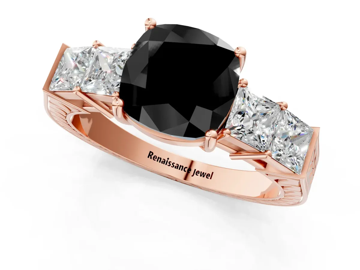 Fancy Black Cushion Cut Solitaire Princess Side Stone Engraved Band Prong Setting Ring Rose gold