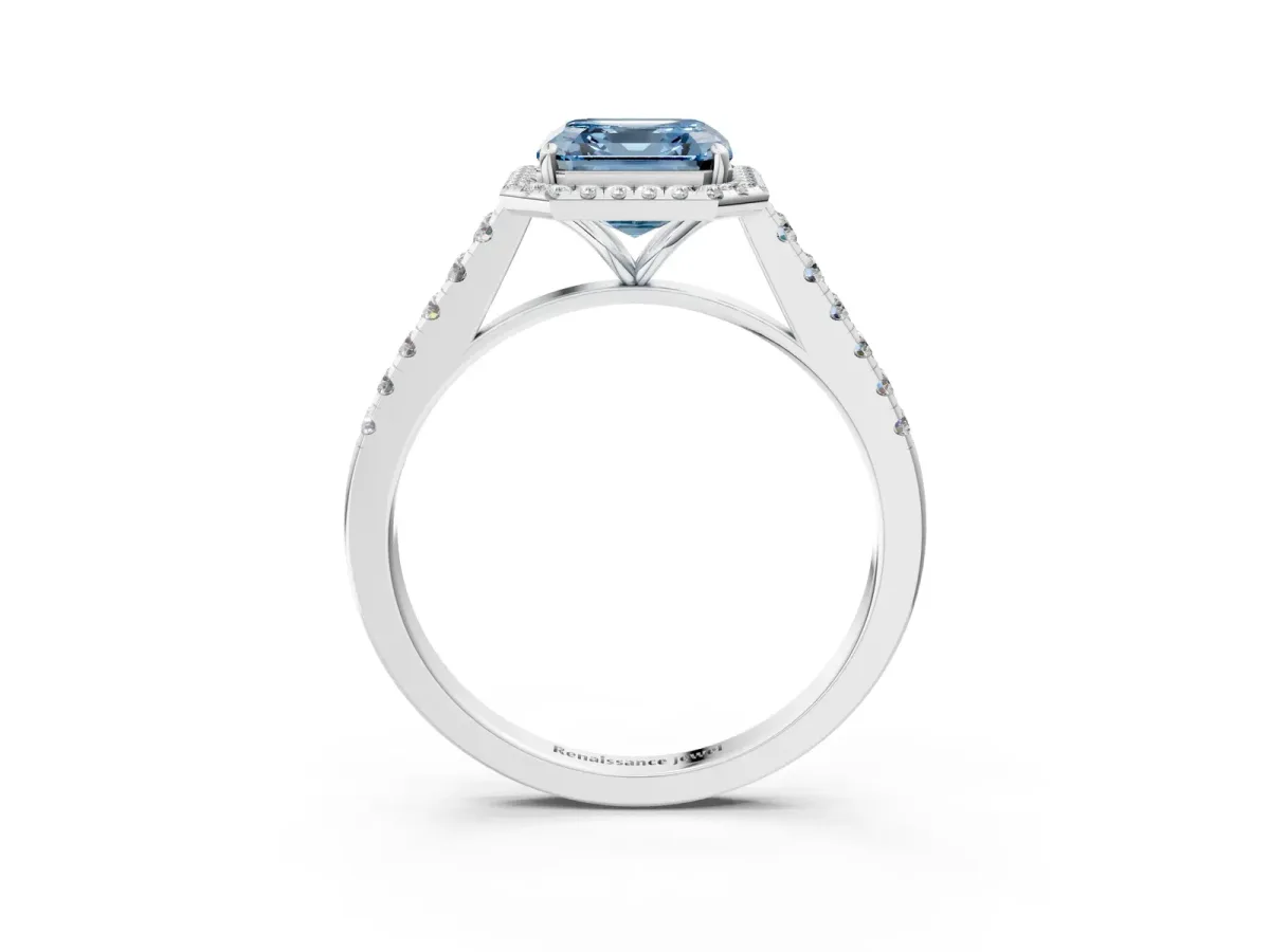 Fancy Blue Asscher Cut Halo Pave Diamond Engagement Ring with Four-Prong Setting Platinum
