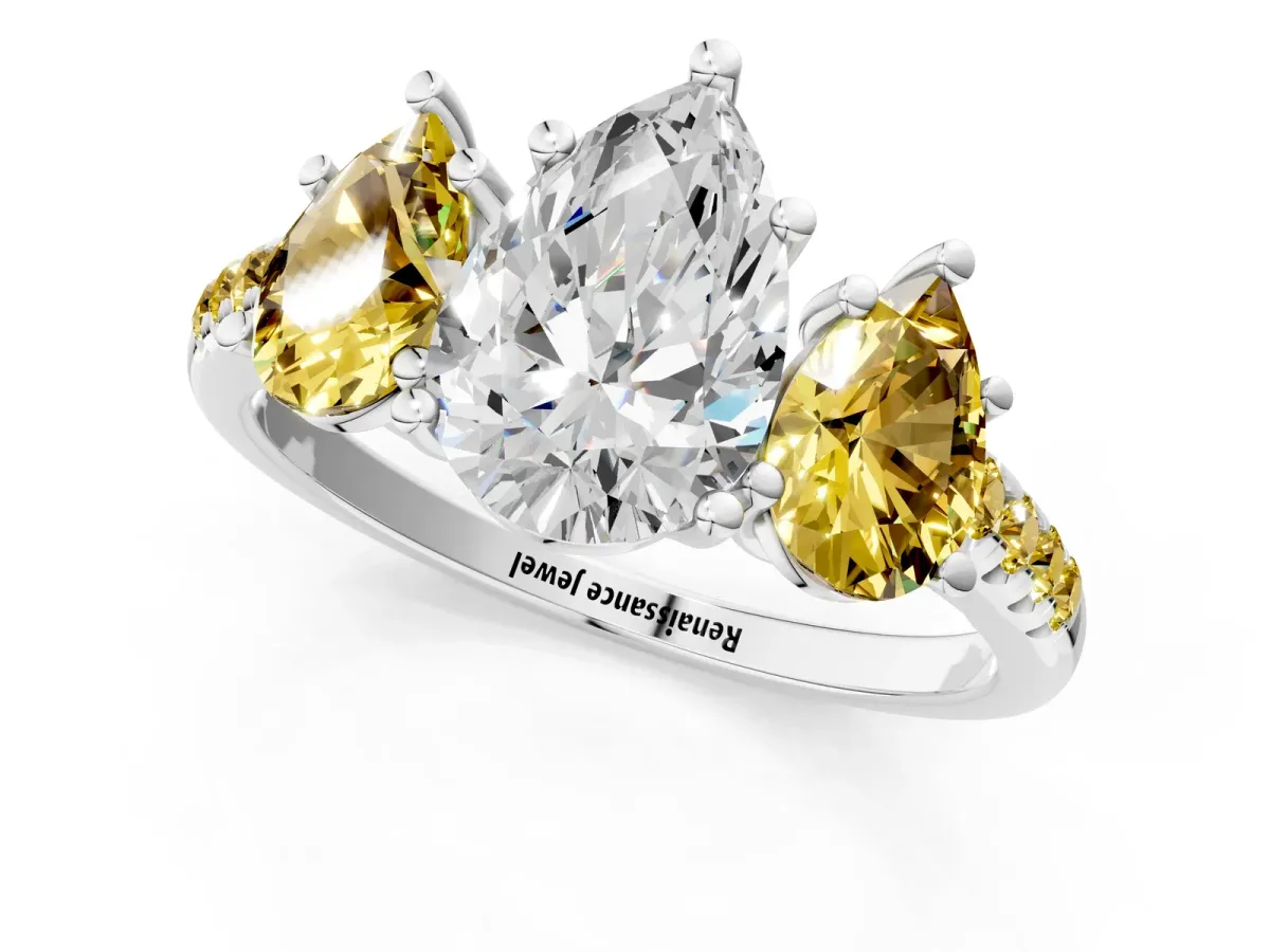 Three-Stone Pear Cut Diamond Ring with Round Yellow Sapphire Pavé Band and Prong Setting Silver