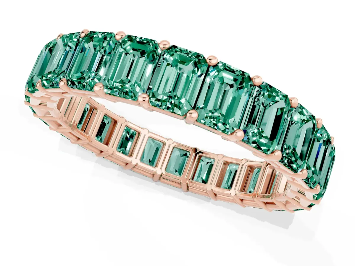 Emerald Cut Green Sapphire Eternity Band with Shared Prong Setting Rose gold
