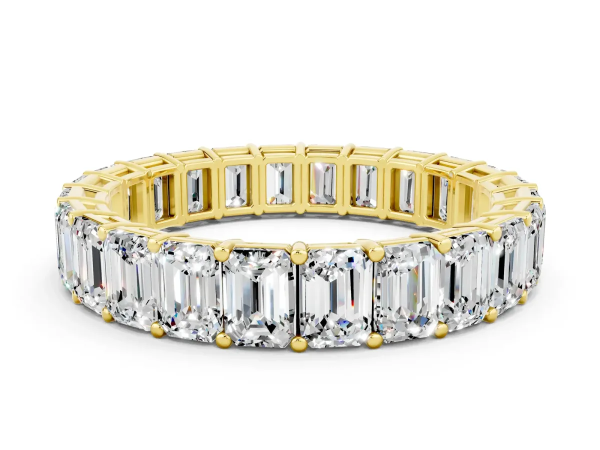 Emerald Cut Moissanite Eternity Band with Shared Prong Setting Yellow gold