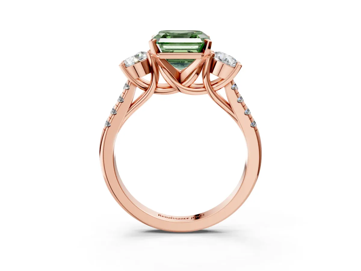 Fancy Green Three-Stone Asscher Cut Diamond Pavé Band with Four-Prong Setting Rose gold