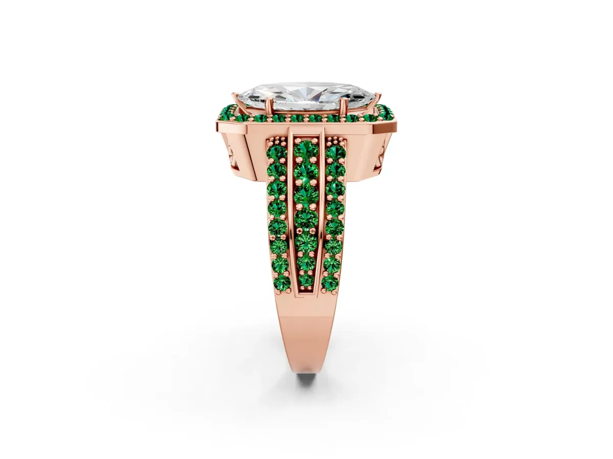 Marquise Cut Halo Diamond Ring with Round Emerald Split Shank and Prong Setting Rose gold