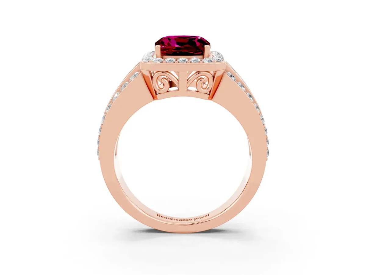 Cushion Cut Halo Garnet Ring with Round Split Shank and Prong Setting Rose gold