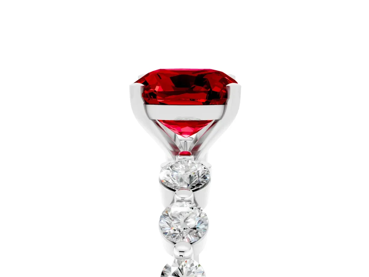 Cushion Cut Solitaire Ruby Ring with Pave Band and Four-Prong Setting White gold