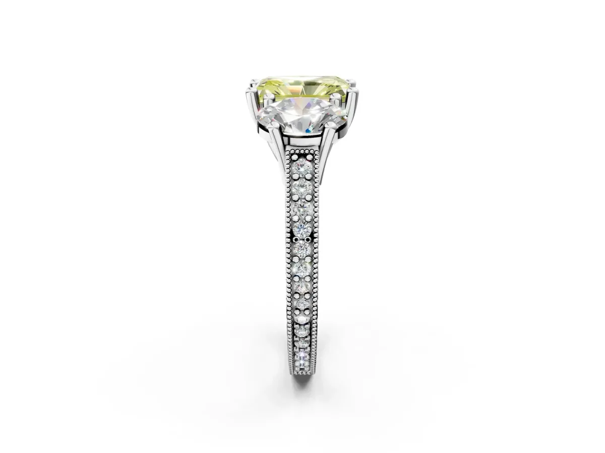 Fancy Yellow Three-Stone Radiant Cut Diamond Milgrain Pave Band with Prong Setting Platinum