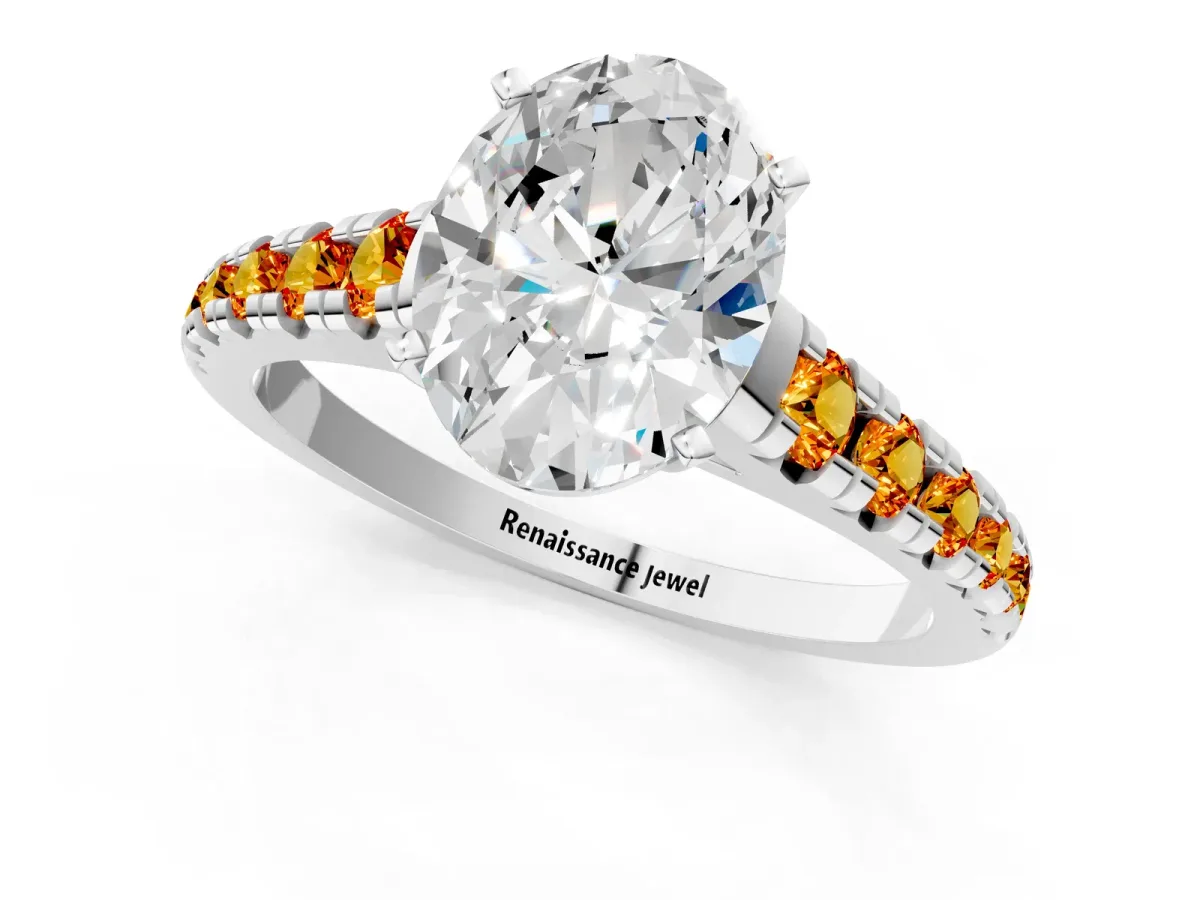 Oval Cut Diamond Cathedral Solitaire Ring with Round Citrine Pavé Band Platinum