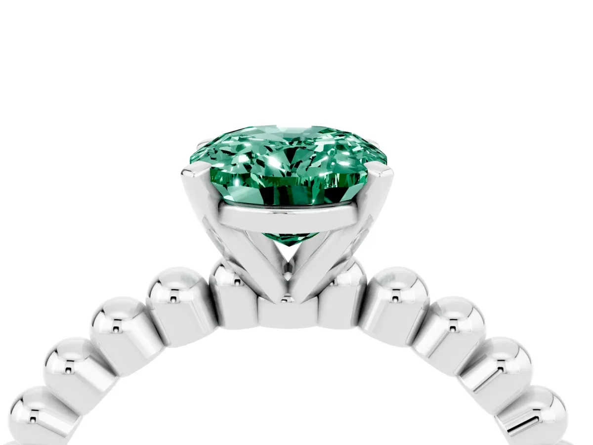 Oval Cut Green Sapphire Solitaire Ring with Beaded Band and Prong Setting Silver
