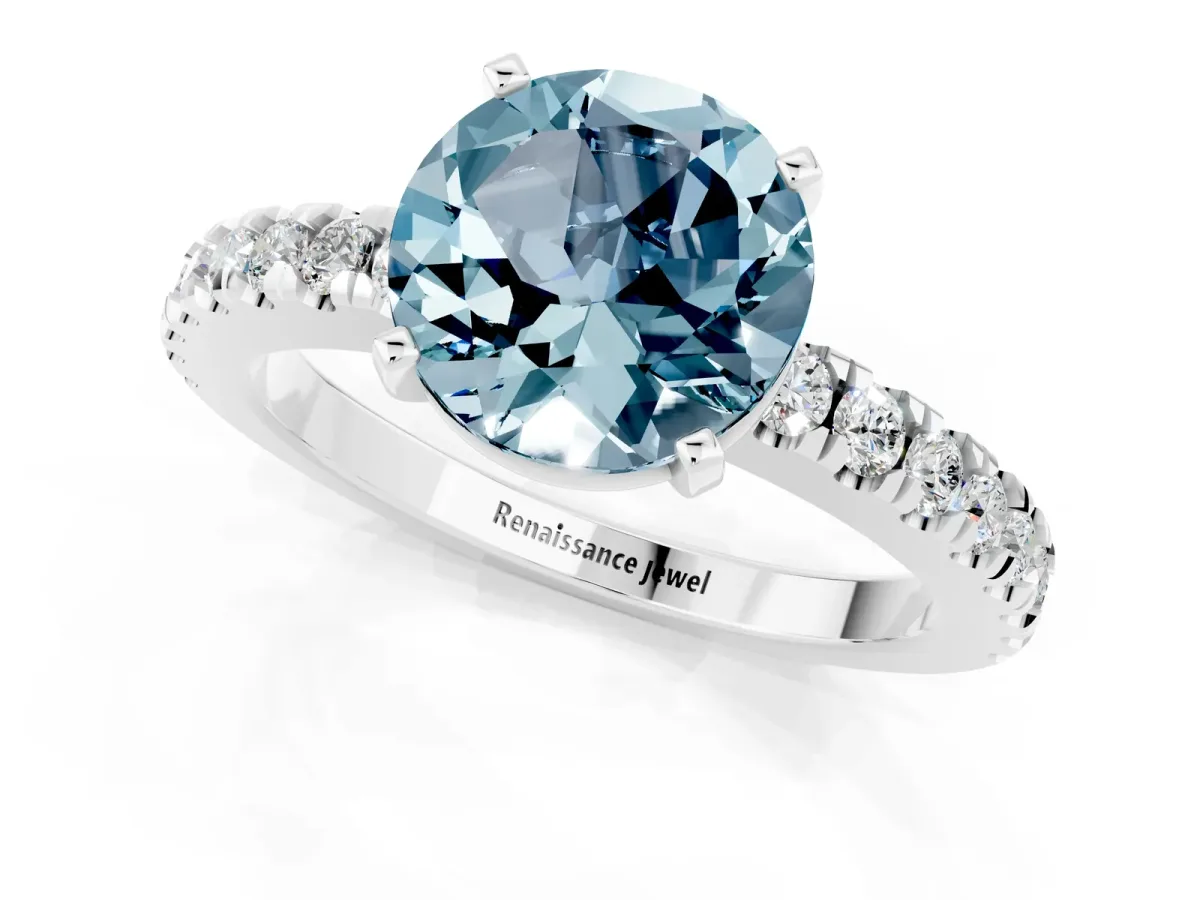 Round Cut Solitaire Aquamarine with Pavé Band and Four-Prong Setting Silver