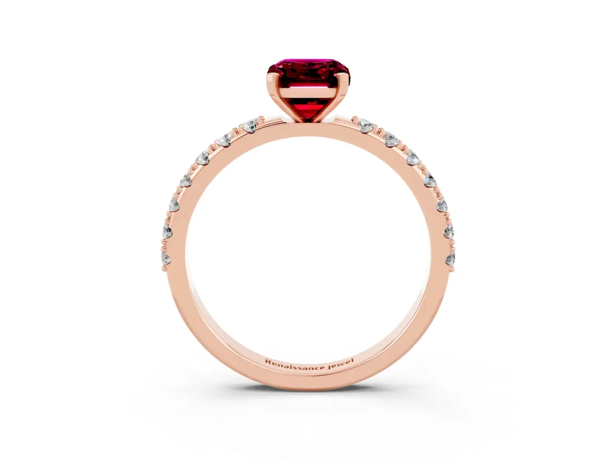 Emerald Cut Garnet Solitaire Pavé Band with Four-Prong Setting Rose gold