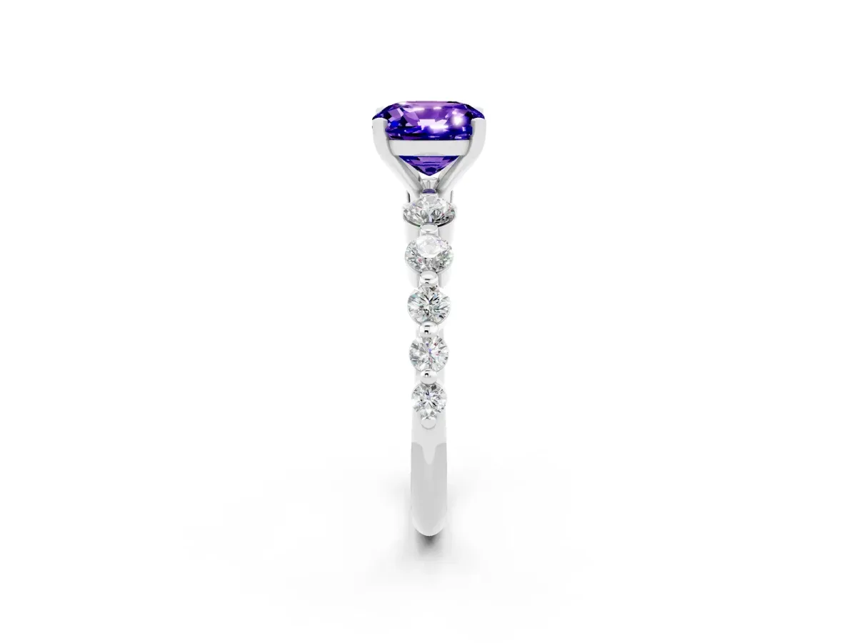 Cushion Cut Solitaire Tanzanite Ring with Pave Band and Four-Prong Setting Silver