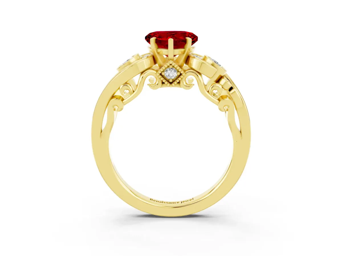 Heart Cut Ruby Solitaire Ring with Milgrain Pavé Band and Four-Prong Setting Yellow gold