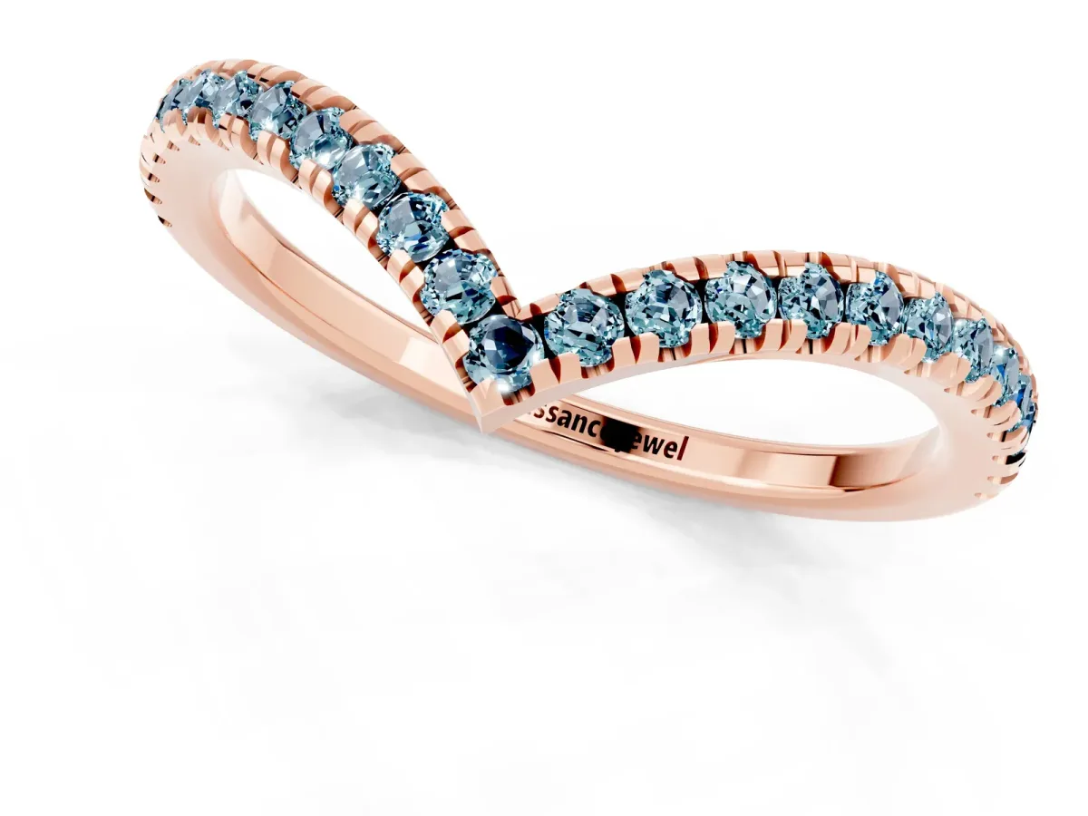 Pavé Round Aquamarine V-Shaped Chevron Band with Shared Prong Setting Rose gold