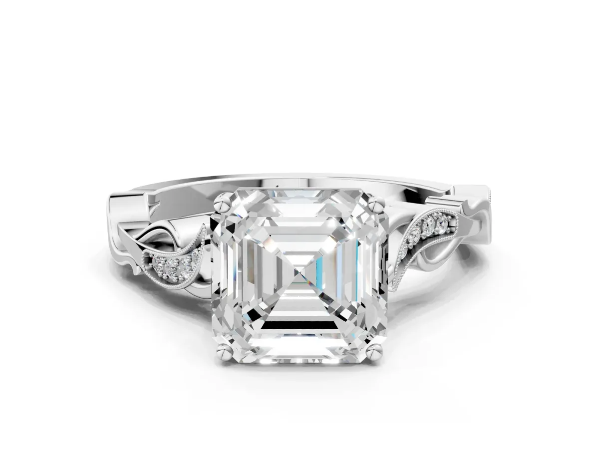 Asscher Cut Solitaire Vine Band with Milgrain Prong Setting Platinum
