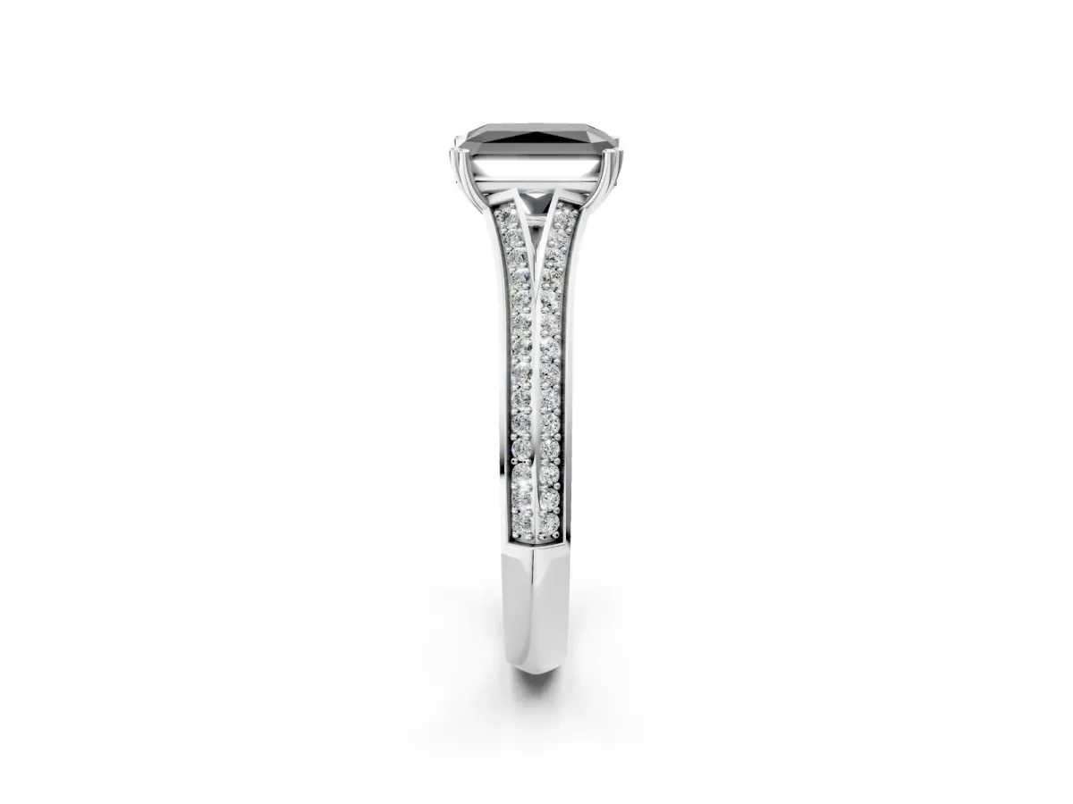 Fancy Black Radiant Cut Diamond Split Shank Engagement Ring with Pavé Band Platinum