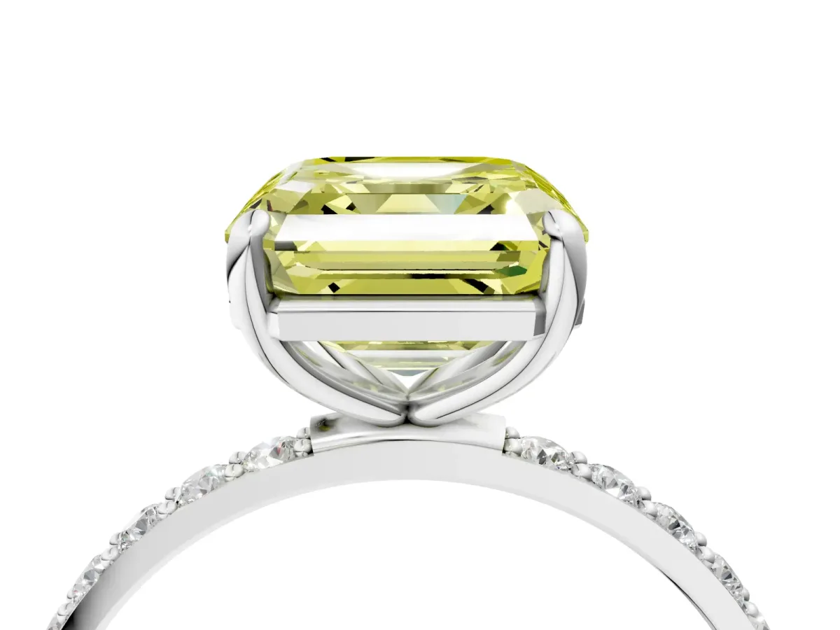 Fancy Yellow Asscher Cut Diamond Solitaire Ring with Round Pavé Band and Prong Setting Silver