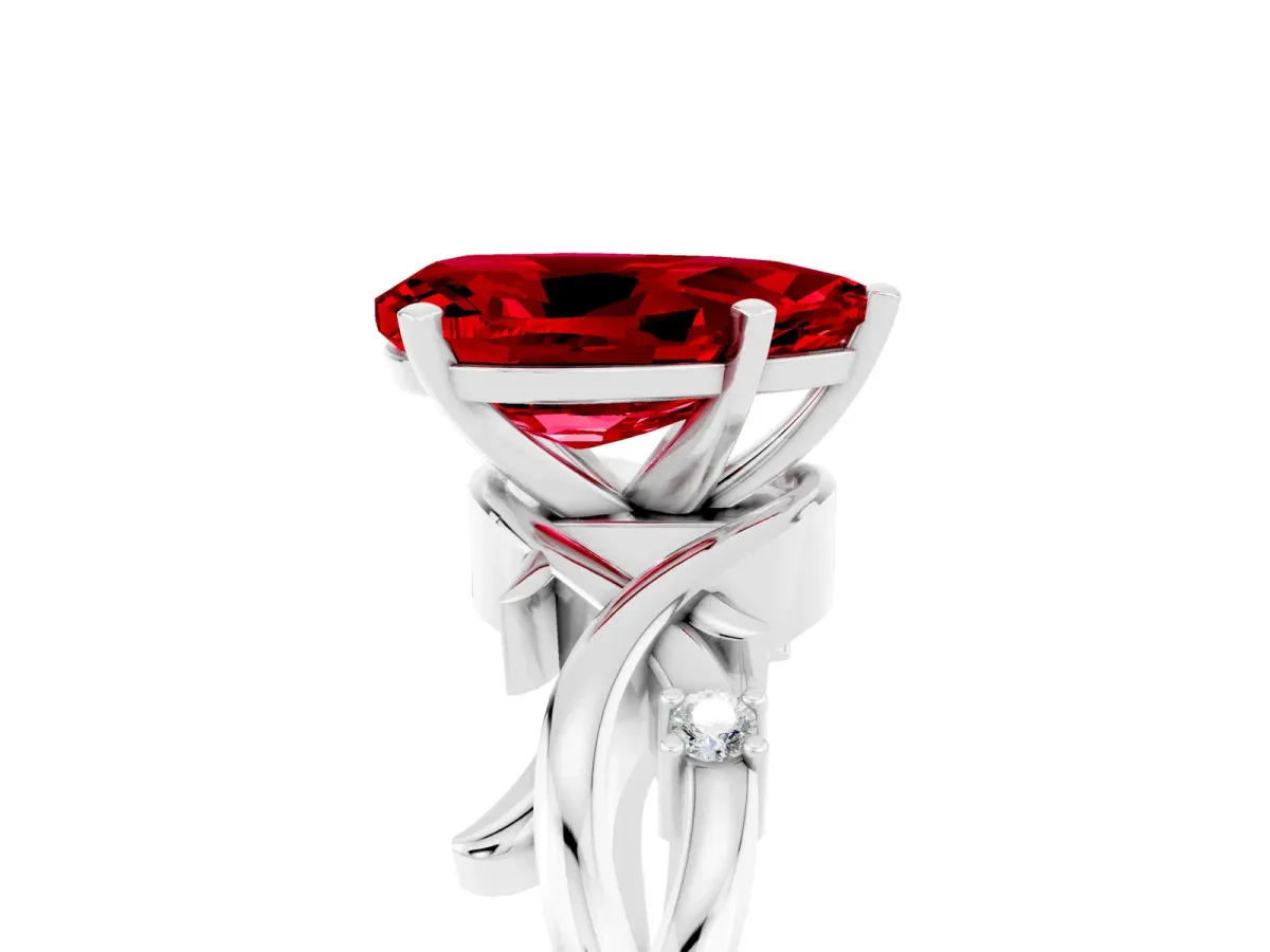 Pear Cut Ruby Solitaire Ring with Twisted Band and Prong Setting Silver