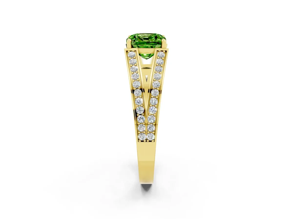 Cushion Cut Peridot Split Shank Ring with Pavé Band and Four-Prong Setting Yellow gold