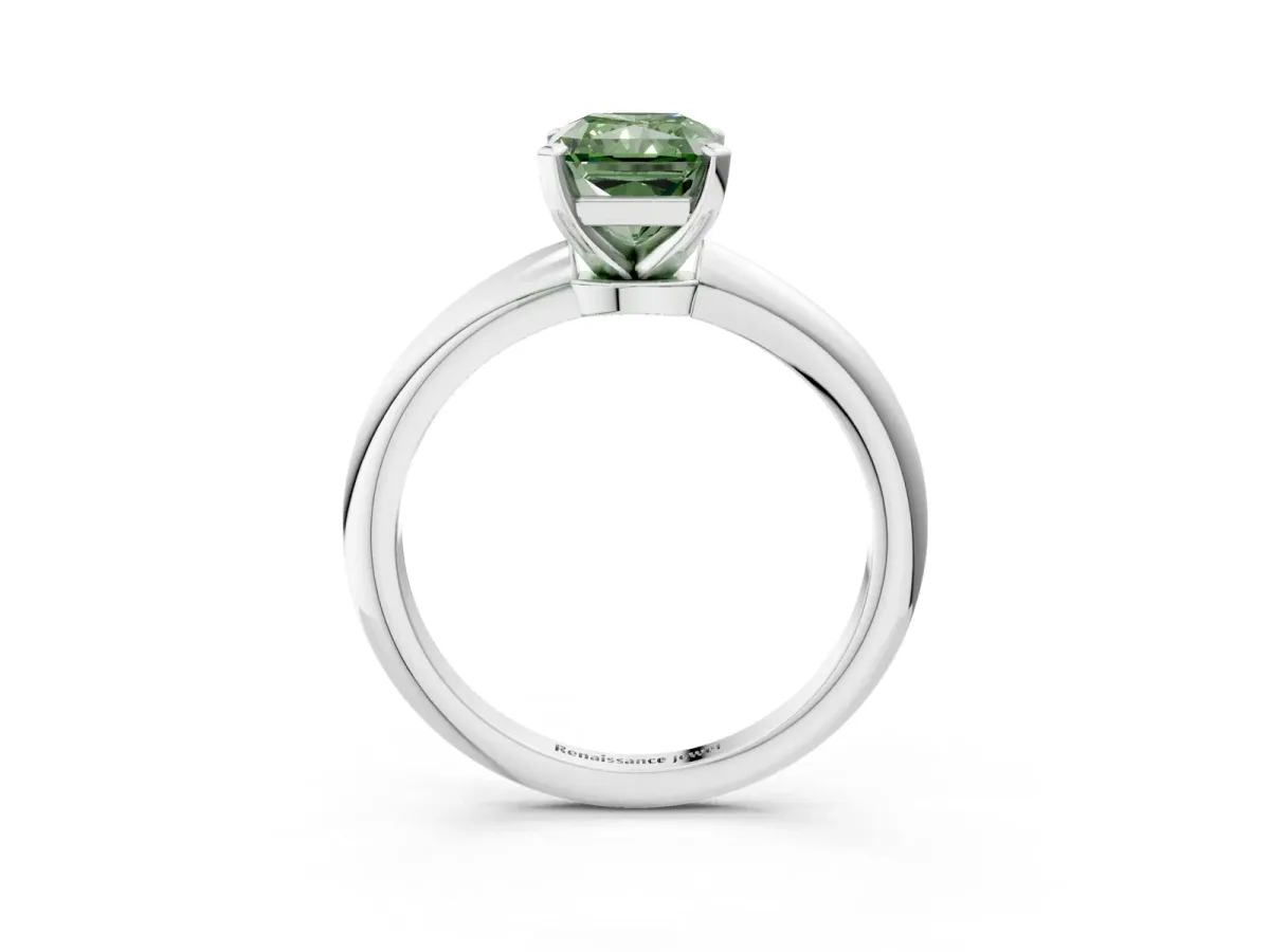 Fancy Green Radiant Cut Diamond Solitaire Ring with Six-Prong Setting and Classic Band Silver