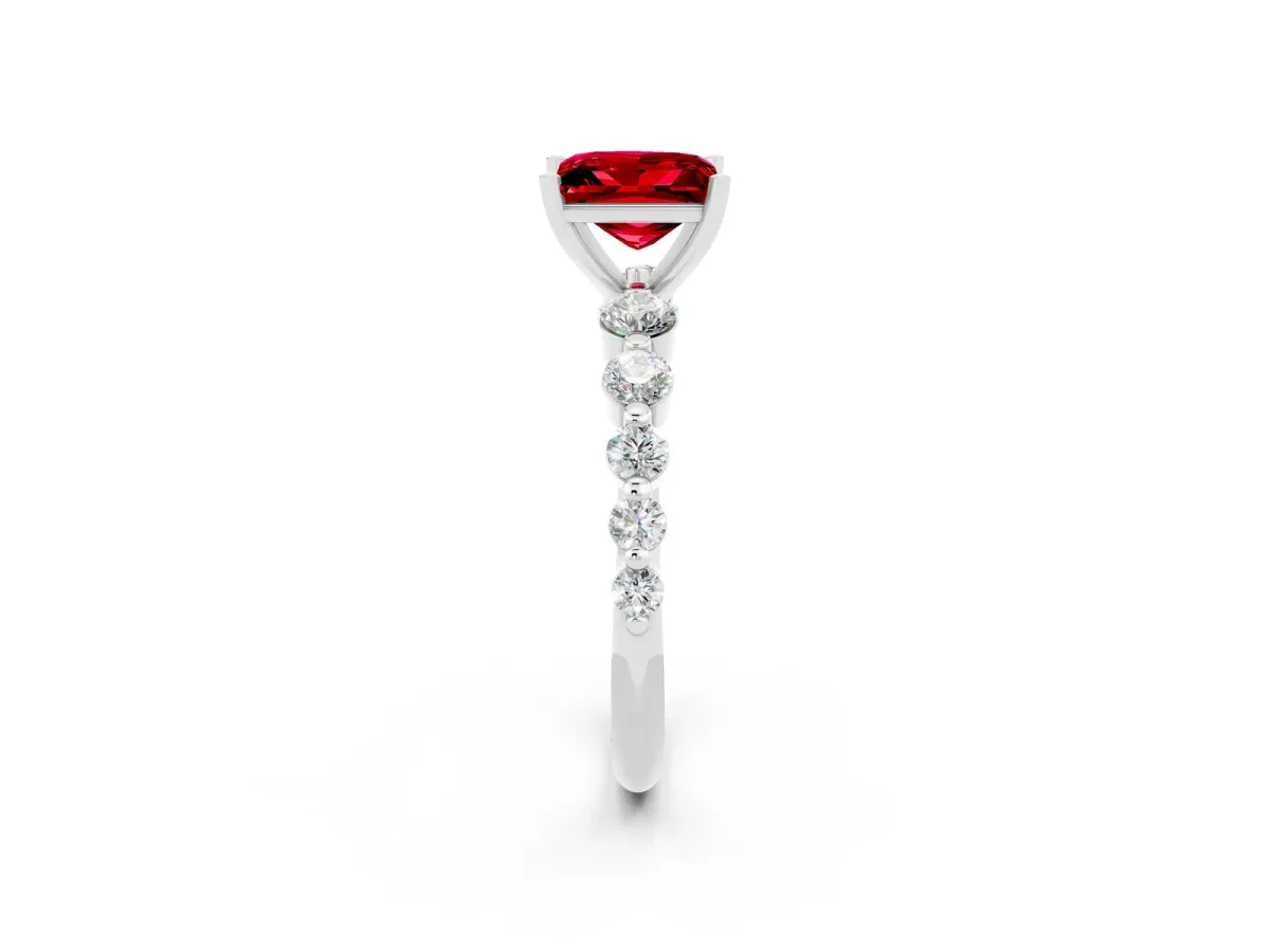 Princess Cut Solitaire Ruby Ring with Pave Band and Four-Prong Setting Platinum